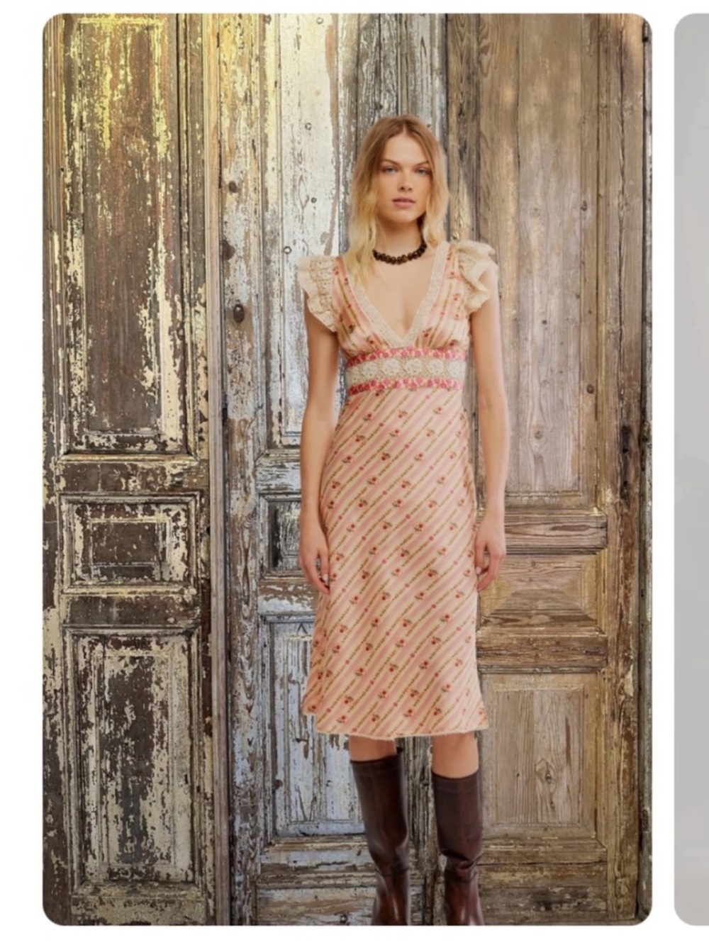 Free People Bali Belle Floral Print Deep VNeck Cap Sleeve Lace Detail Midi Dress